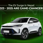 Studio image of an electric vehicle with text ‘The EV Surge in Nepal: Why 2023-2025 is a Game-Changer’ representing EV launch trends