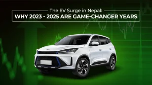 Studio image of an electric vehicle with text ‘The EV Surge in Nepal: Why 2023-2025 is a Game-Changer’ representing EV launch trends